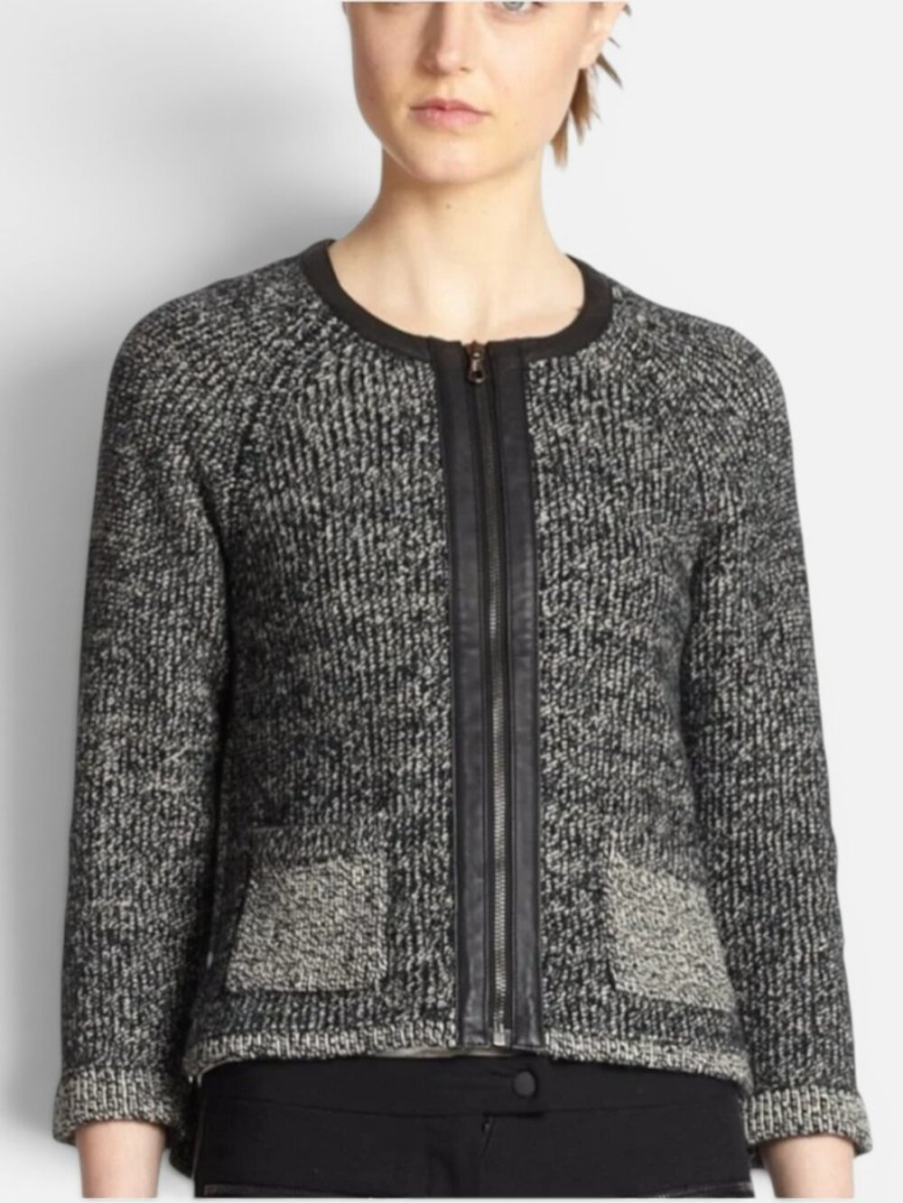 Rag & Bone Wool Blend Zip Cardigan Sweater Jacket Leather Trim Size M